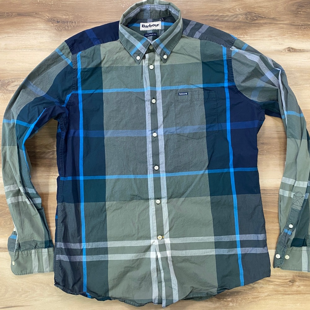 Barbour Button Down Shirt Mens M Tailored Fit Plaid Cotton Long Sleeve Green